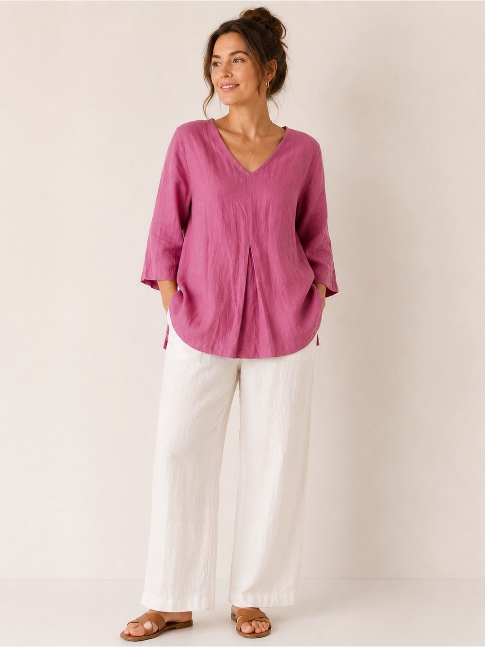 Flax V-Neck Linen Blouse in Raspberry